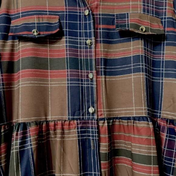 Plaid Long Sleeve Maxi Shirt Dress With Belt – Brown Navy Red - Picture 6 of 11